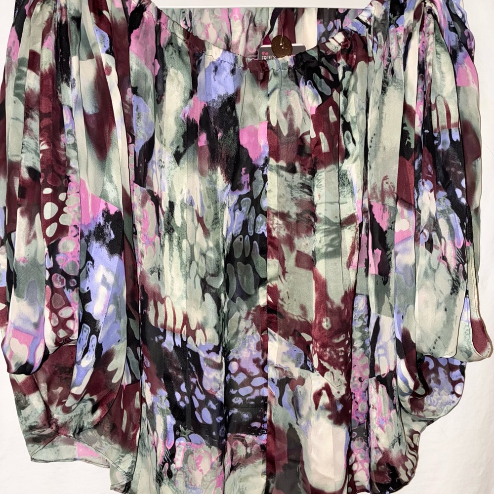 Silk Print Off The Shoulder Short Sleeve Blouse Top MultiColor By Abi Ferrin New - Picture 3 of 14